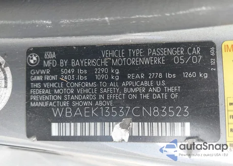 2007 BMW 650I z USA, uszkodzony, nr VIN WBAEK13537CN83523
